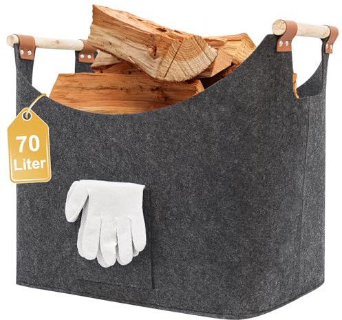 FINEW Cesto XXL per Legna da Ardere Con Guanti, Sacchetti in Feltro Pieghevoli e Grandi per Conservare la Legna