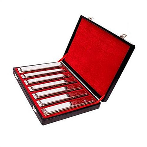 Professionelle Mundharmonika Silberfarbenes 7-teiliges Mundharmonika-Set, 24 Löcher, 7 Melodien, Tremolo-Harfe, Mit Geschenkbox