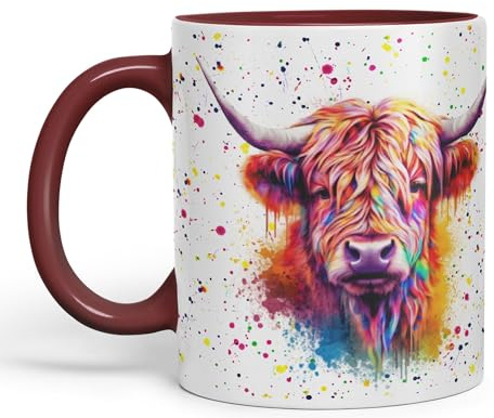 Vixar Highland Cow Scottish Farm Animals Watercolour Art Coloured 330 ml Mug Cup Gift Birthday Work Office Tea Coffee (hc4) (Maroon)