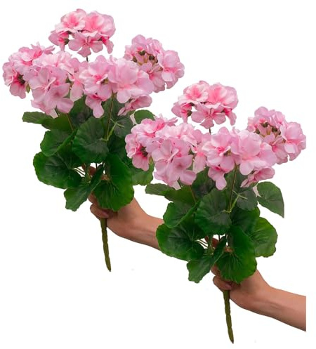 LEMCC 2PCS 13.8in Artificial Geraniums Bush, Faux Geraniums Silk Flowers, UV Resistant, Outdoor Plant Geraniums for Floral Home Decor Indoor Garden Patio Grave Cemetary Vase(Pink)