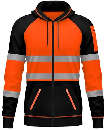 trending babz Mens Hi Viz Vis Reflective Zipper Patched Fleece 3 Zip Up Pockets Sweatshirt Work Wear Hoodie Top Jacket