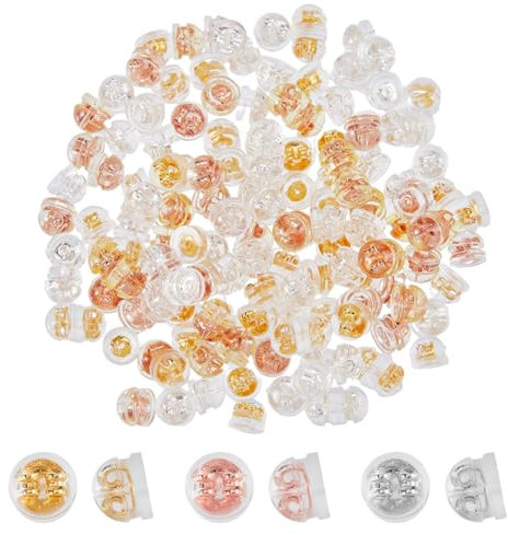 DICOSMETIC 150 piezas de silicona de 3 colores medio redondo para pendientes con hallazgos de latón, cómodos respaldos de seguridad para aretes, respaldos de goma para aretes, reemplazos para aretes