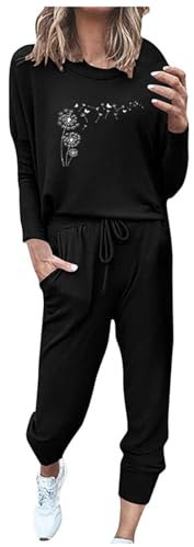 Damen Atmungsaktiv Rundhalsausschnitt Langen Ärmeln Hosenanzüge Mit Löwenzahn Lockere Jogginghose Zwei Stück Set Lässig Modische Freizeitanzug Gerade Bein Lang Hose Bequeme Hosenanzug (Black, XL)