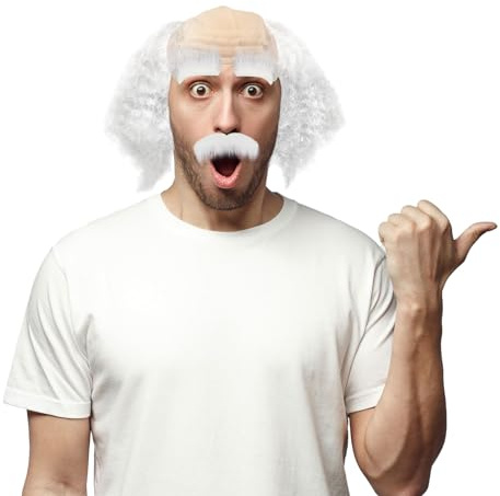 XNIVUIS 3 Stück Opa Perücken Set Opa Kostüm Schnurrbart Alter Mann Glatze Weiße Wissenschaftler Professor Verkleidungsperücke für Party Cosplay(Weiß)