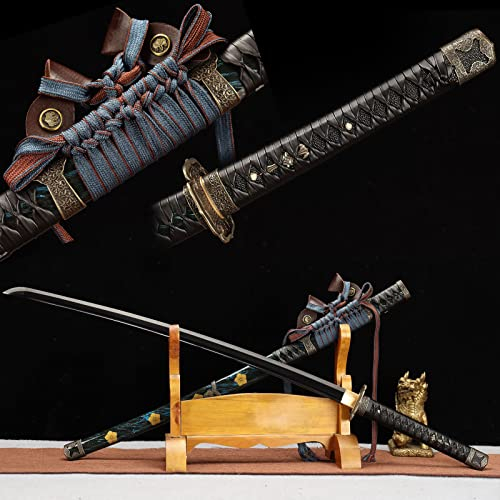 KWXPW 【Schönheit Kalter Waffen】 100cm handgefertigtes Katana aus Manganstahl,Naturholzscheide mit bemaltem,echtem Samurai-Schwert für Geschenke,Sammeln,Heimdekoration,Kampfsport,Cosplay,Kendo-Übungen