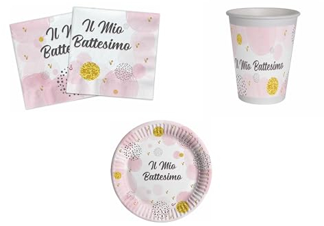CUSTOM PRINT SHOPPING Baptême rose coordonné addobbi table baptême rose fille fête baptême fête pour 32 invités, kit (32 assiettes, 32 gobelets, 40 serviettes)