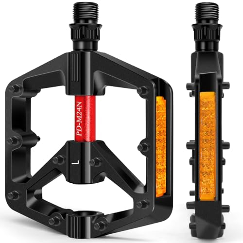REETEE Fahrradpedale Aluminium Fahrrad Pedale mit Reflektoren, 9/16 Zoll MTB Pedale Antirutsch Rennrad für BMX, E-Bike, Mountainbike,Trekking (schwarz)