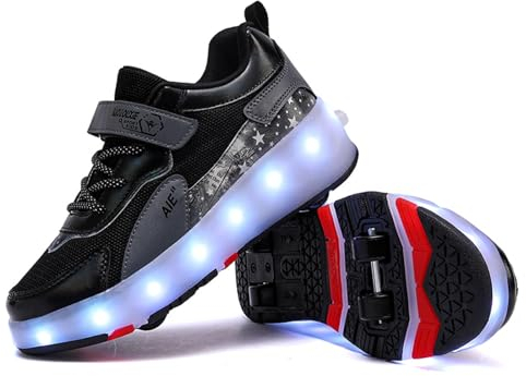 Mateju Schuhe mit Rollen für Jungen Mädchen Kinder Rollschuhe Schuhe mit 4 Rollen, 2 in 1 Turnschuhe Versenkbarer, Damen Herren Roller Schuhe Turnschuhe Skateboardschuhe 42 EU Schwarz