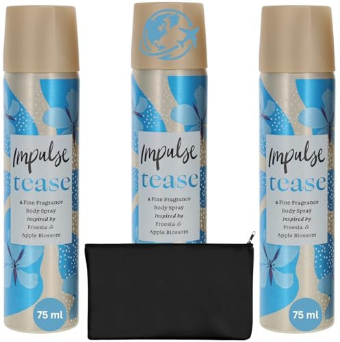 Impulse Body Spray da donna, Tease by Wishesla 75 ml, confezione da 3 deodoranti spray da donna e sacchetti cosmetici neri per articoli da toeletta (confezione da 3)