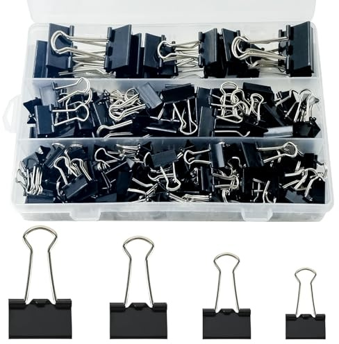 170 Stück Foldback Klammern Set, 15mm/19mm/25mm/32mm Schwarz Binder Clips Büroklammern, Vielzweckklammern Dokumenten Clips, MetallKlammern Papierklammern für Schule Bürobedarf Briefpapier Notizen