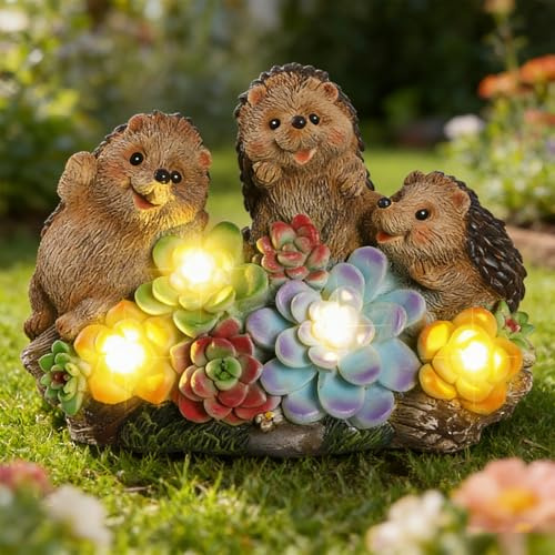 JJALIGHTS 3 Hedgehog Solar Garden Statues with Succulent Animal Figurines Resin Hedgehog Decor Outdoor Statues, Ideal Decoration for Lawn Patio Yard, Gifts for Men Women