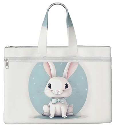 SDEGTHO Cute White Rabbit Print Zippered Document Bag With Handle For Carrying Paper Files Books Filing Folder