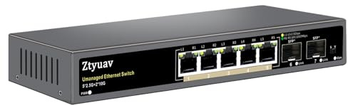 Ztyuav 7-port ohanterad 2,5 G Ethernet-omkopplare med 5 x 2,5 G RJ-45 Base-T-portar, 2 x 10 G SFP+, portar hastighet automatisk förhandling – 1000/2500 Mbps, enknapps VLAN, skrivbord/väggmontering