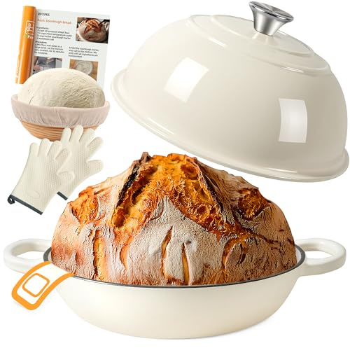 Gusseisen Topf Brot Backen,5,7L Bräter Emaille Schmortopf mit Deckel und Griffen,26 cm Dutch Oven,Brotbacktopf mit Gärkorb,Schmortopf Gusseisen Topf für Küche Backen Schmoren & Braten (Weiß)