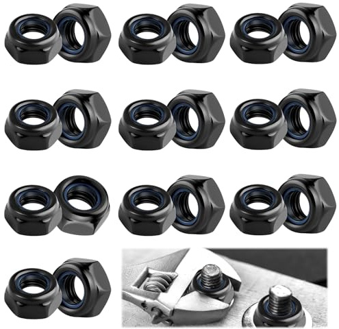 M8 Nuts 20Pcs 8mm Self Locking Hex Nuts Black Nyloc Steel Nut with Nylon Insert M8 Hexagon Threaded Anti-Loosening Fasteners for Washers Bolts Screws Machinery Automotive DIY Projects