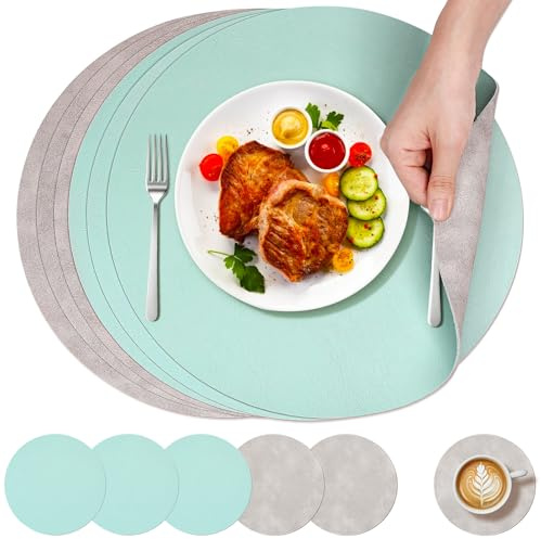 WGIDSKKI 6er Set Tischsets Leder und Untersetzer, Platzsets Abwaschbar Doppelseitigen, Hitzebeständig Platzdeckchen Lederoptik Platzset, Tischuntersetzer Tischsets rutschfest (Kreis)
