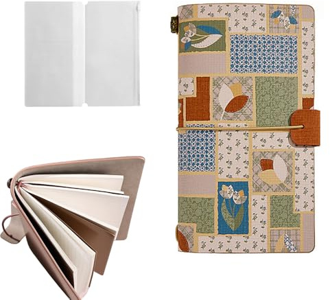 MSLSOZ Carnets de voyage vintage avec lanières, journal rechargeable avec trois inserts indépendants (blanc + quadrillé + ligné), avec pochette à fermeture éclair pour billets, 10,5*18 cm, carnet de