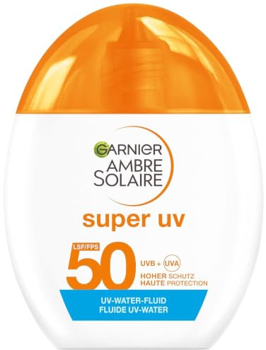Garnier Ambre Solaire Super UV UV-Water-Fluid LSF 50 – Erfrischende Sonnencreme für das Gesicht – 12h Frische & Dry-Touch Effekt – Zieht schnell ein, unsichtbares Finish & nicht fettend – 40ml
