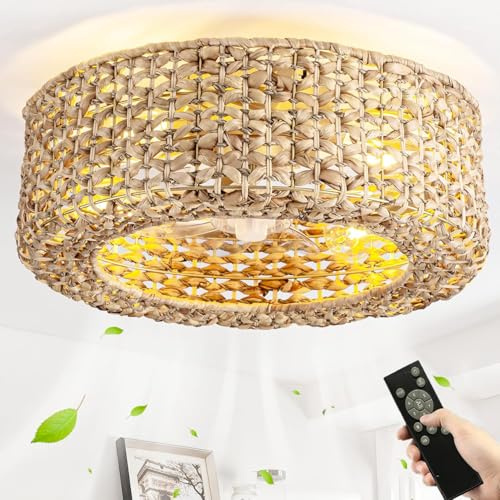 Boho Rattan Deckenventilator Mit Beleuchtung und Fernbedienung E27 Retro Ventilator Deckenleuchte Leise Schlafzimmer Lüfter Licht 6 Wind Speeds Timer Fan Deckenlampe für Wohnzimmer Esszimmer Farmhouse