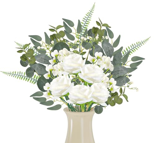 DXLing 65 Pezzi rami artificiali e fiori artificiali bouquet di fiori artificiali verde e bianco Eucalipto Rosa decorativi per casa matrimonio ufficio decorazione