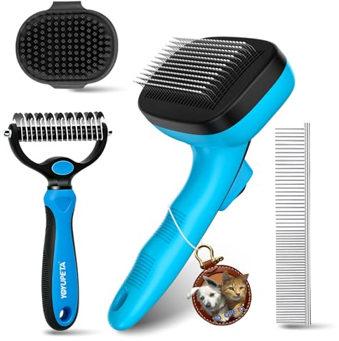 YOYUPETA 4-in-1 Dog Brush Set with Retractable Pin Self-Cleaning Slicker Brush, Undercoat Rake, Bath Massager & Steel Comb, Professional Pet Grooming Tool Kit for Heavy Shedding & Matting, Blue