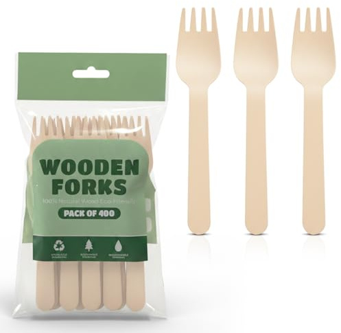 400 Disposable Wooden Forks Compostable Food Grade Natural Wood Bamboo | Smooth sanded tines with no splinters, taste neutral and sturdy for hot meals, salads, events, parties, takeaway service