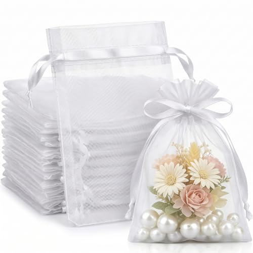 100 Pcs White Organza Bags, 13x18 cm Favour Bags with Drawstrings, Organza Pouches, White Jewellery Bags for Jewelry, Wedding Favors, Party Gifts, and Candy Bags