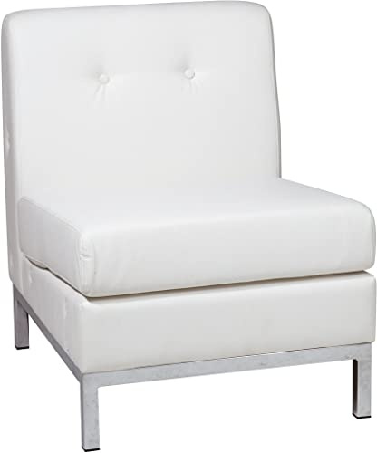 OSP Home Furnishings Wall Street Faux Leather Armless Chair with Box-Spring Cushion, Button Tufted Back, and Chrome Finish Base, White