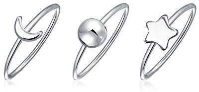 Bling Jewelry Minimalistisches zartes Sonne-Mond-Stern-Knöchel-Dünn-1MM-Band stapelbares himmlisches Midi-Dreier-Ring-Set für Frauen Teenager .925 Sterlingsilber