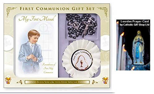 Boys First Holy Communion Rosette Gift Set & Lourdes Prayer Card