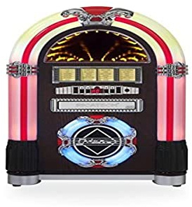 Ricatech RR792, Reproductor de CD Retro tocadiscos, Radio AM / FM, Soportes de mini estantes para vellonera, SD y USB, Entrada de línea AUX, 5 luces LED que cambian de color, Color cereza
