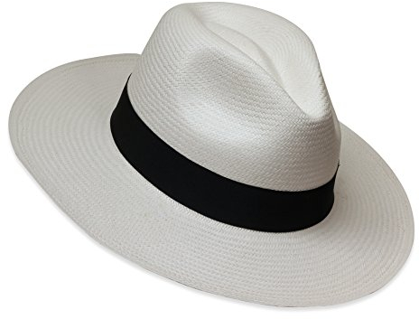 Tumia LAC - Echter Traditioneller Panamahut - Nicht einrollbare Version - Weiß mit schwarzem Band - 61cm