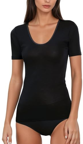 EGI ® T-shirt à manches courtes en laine mérinos de luxe pour femme (XS à XXL). Fabriqué en Italie., noir, Taille L