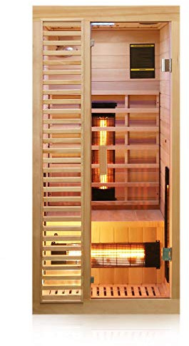 Dewello® Infrarotkabine Infrarotsauna Hamlin 90x90cm für 1 Person aus Hemlock Tannenholz mit Vollspektrumstrahler, LED-Farblicht, Bluetooth, FM, MP3, USB