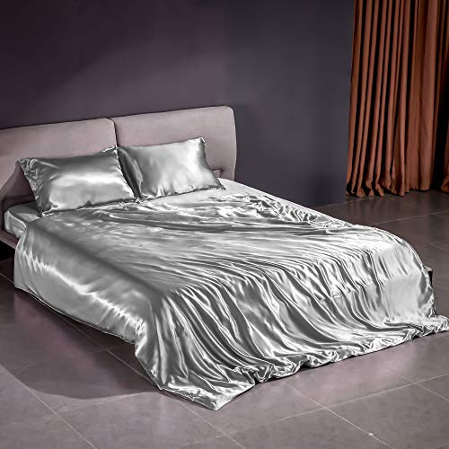 THXSILK 22 Momme Seidenbettwäsche Set 3 teilig, Bettbezug 200 x 220 cm und 2 Kissenbezüge 40 x 80 cm, Hypoallergen Maulbeerseide Bettbezug Set, Ultra Weich und Glatt, Grau