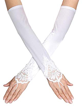 SUNTRADE Damen Spitze Satin Braut Party Fingerlose Handschuhe Pailletten Elegant (Weiß)