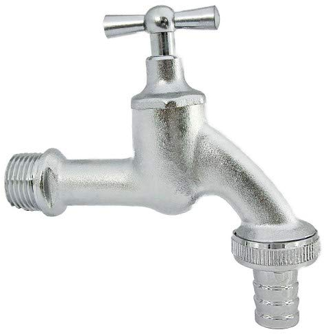 Verchromtes Auslaufventil 1/2 Zoll mit Knebel Wasserhahngriff und Geräteanschluss in 3/4 Zoll x 1/2 Zoll für Anschlussschlauch im Garten und Waschküche