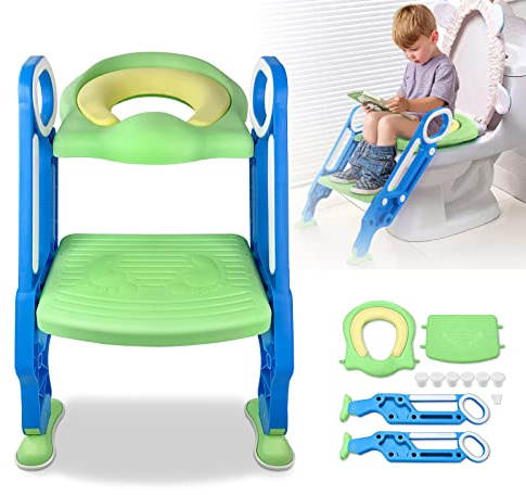 ACXIN Kinder-WC-Sitz mit Treppe, Klappbarer Töpfchentrainer, Verstellbarer Toilettentrainer mit PU-Kissen und Griff, Kleinkinder-Töpfchen, Blau und Grün