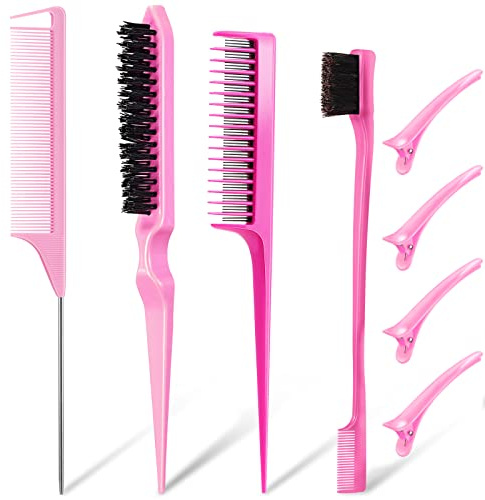 8 Pcs Slick Back Hair Brush Teasing Edge Bristle Brush Parting Rat Tail Comb Hairclips Styling Hair Accessories Set for Women Slicking Ponytail Control and Smoothing Flyaways(Pink)