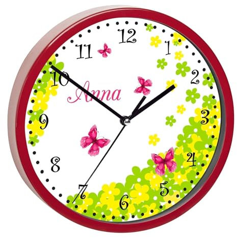 CreaDesign, Wanduhr für Kinderzimmer Schmetterling Blume, Kinderuhr rot mit Quarz Uhrwerk, personalisiert mit Name, Durchmesser 19,5 cm