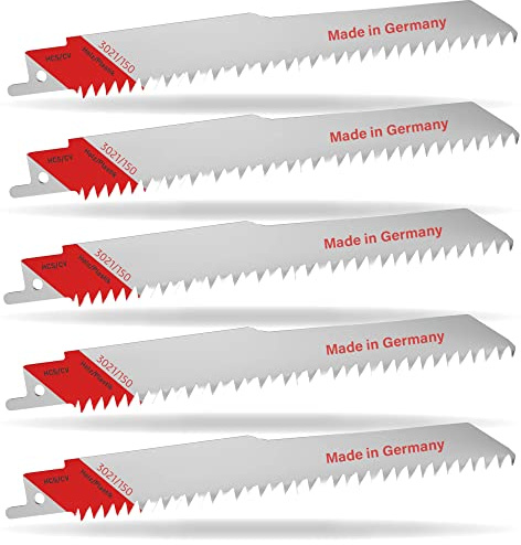 5x Säbelsäge Sägeblatt Säbelsägeblätter 150mm Holz Kunststoff 3021/150 HCS/CV - Made in Germany - für Holz Spanplatten Laminat Kunststoff Gips kompatibel mit Bosch Einhell Makita Metabo
