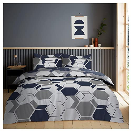 Lions 4 Piece Geometric Complete Bedding Set – Reversible Quilt Covers, 1x Double Duvet Cover 1x Fitted Bed Sheet 2x Matching Pillowcase, Poly Cotton Soft Shapes Bed Sets, Navy Grey