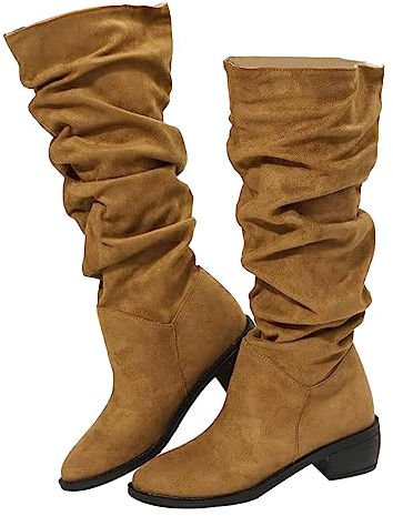 Onsoyours Bottes mi Mollet pour Femme Bottes en Suède à Bout Pointu avec Talon Bloc Longues Chaussures Knight Bottes Pliable Bottes Automne et Hiver A Marron 36 EU