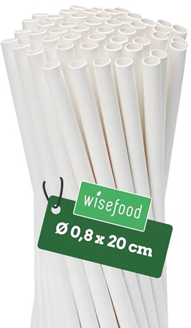 wisefood papperssugrör, 200 st. vita sugrör av papper, Ø 8 mm x 20 cm, fria från PLA/PE, biologiskt nedbrytbara engångssugrör av robust papper