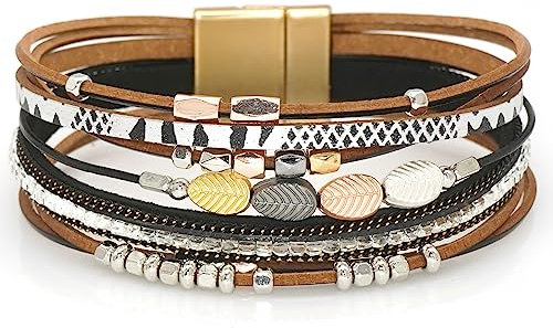 Gleamart Mehrschichtiges Leder-Wickelarmband Perlen Armband geflochtener Armreif für Frauen