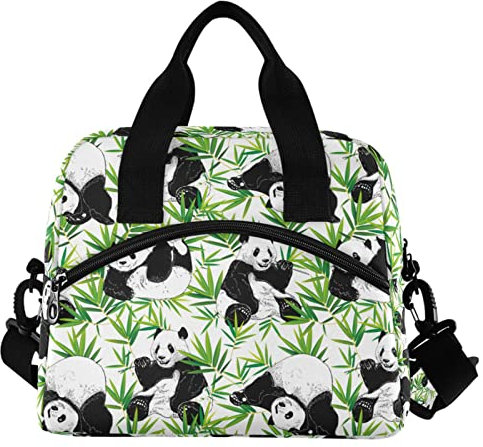Oarencol Cute Pandas Bamboo Leaves Insulated Lunch Bag Animals Reusable Cooler Lunch Tote Box with Shoulder Strap for Work Picnic School Beach
