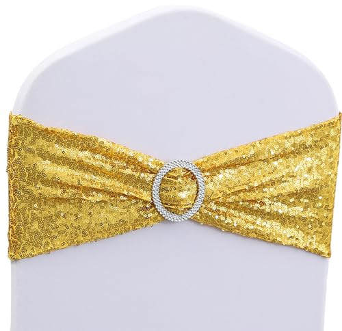 WENSINL Sequin Gold Chair Sashes 50 Pack Glitter Gold Chair Bows Bands with Buckle for Wedding Birthday Party Bridal Shower Anniversary Engagement Christmas Events Decorations