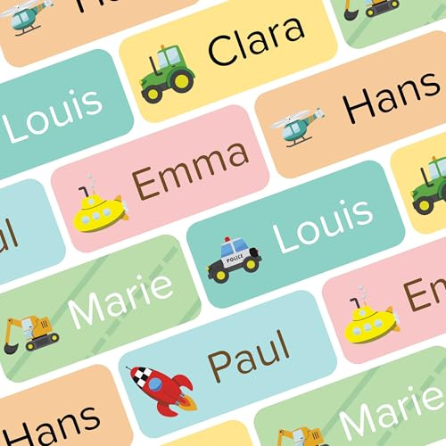 Wraplab Namensaufkleber für Kinder (120 Stück) - Gegenstände & Schule/Kita - Namensschilder für Schulsachen, personalisiert und spülmaschinenfest (Motor)