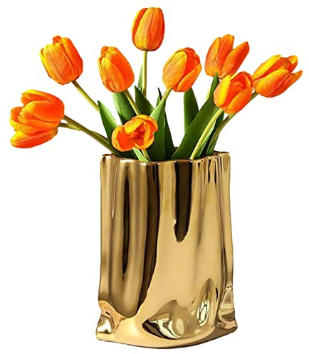 auons Crinkle Paper Bag Vase Ceramic Vase Modern Handmade, Creative Flower Arrangement Ornaments, Decorative Flower Vases for Home Decor Living Room Bedroom Wedding Party, G