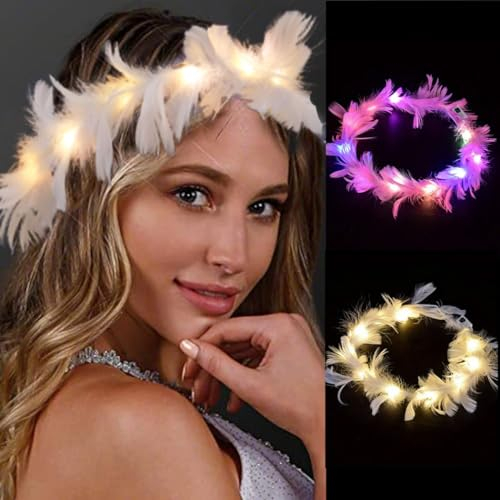 Edary LED Federkranz Feder Krone Stirnband Leuchtend Festival Party Hochzeit Haarschmuck für Frauen (2 Stück)